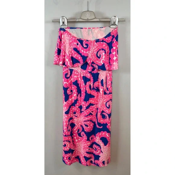 Lilly Pulitzer Meridian Strapless Midi Dress Ikat Blue Pink Small - Picture 5 of 8